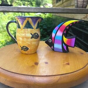 Vintage Studio Pottery Pitcher Fish Napkin Holder Set Multicolo Memphis J Brooke